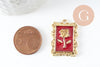 Red enamel pink flower rectangle pendant, gold zamac pendant, brass jewelry, flower, gold zamac pendant, 27.5mm, X1 G3713