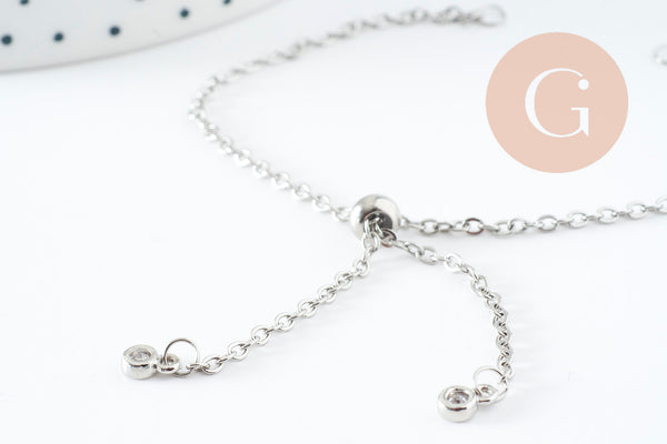 Bracelet réglable chaine forçat acier inoxydable platine finition zircon 2mm/ 26.6cm, x1 (G10230)