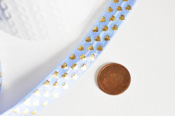 EP Ruban élastique bleu coeurs or EFJF, fabrication bijoux, bracelet EVJF,ruban mariage,fourniture créative,scrapbooking,16mm,1 mètre-G1522