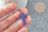 Pendentif croix jade naturel bleu acier inoxydable 29mm,pendentif pierre, support argent, x1 G0499