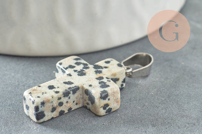 Pendentif croix jaspe dalmatien naturel acier inoxydable 29mm,pendentif pierre, support argent, création bijoux, x1 G1695