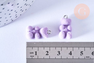 Pendentif ourson floqué velours violet résine platine 22mm, pendentif enfance régressif, x2 G6901