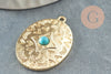 Pendentif ovale zamac doré 16K gravé turquoise de synthèse,sans nickel,creation bijoux inspiration indienne, 31.5mm, x1 G4526