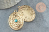 Pendentif ovale zamac doré 16K gravé turquoise de synthèse,sans nickel,creation bijoux inspiration indienne, 31.5mm, x1 G4526